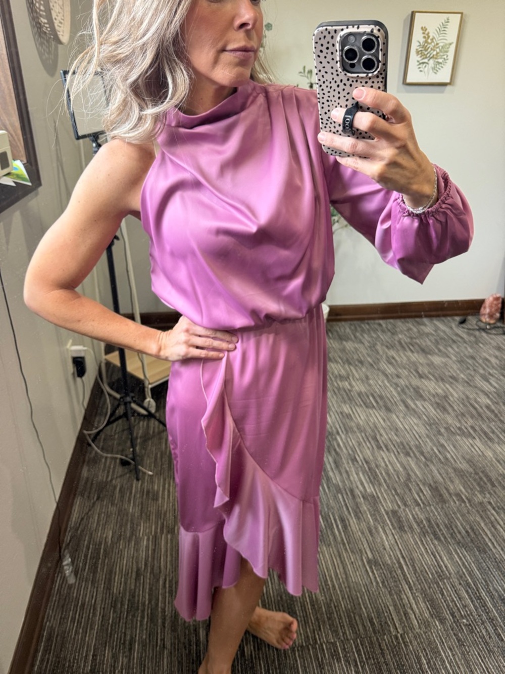 One-Shoulder Ruffle Midi Dress in Mauve Pink